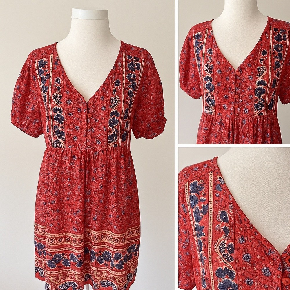 Umgee Mini Dress Small Puff Sleeves Floral/Paisley Print Hippy Cottagecore Boho